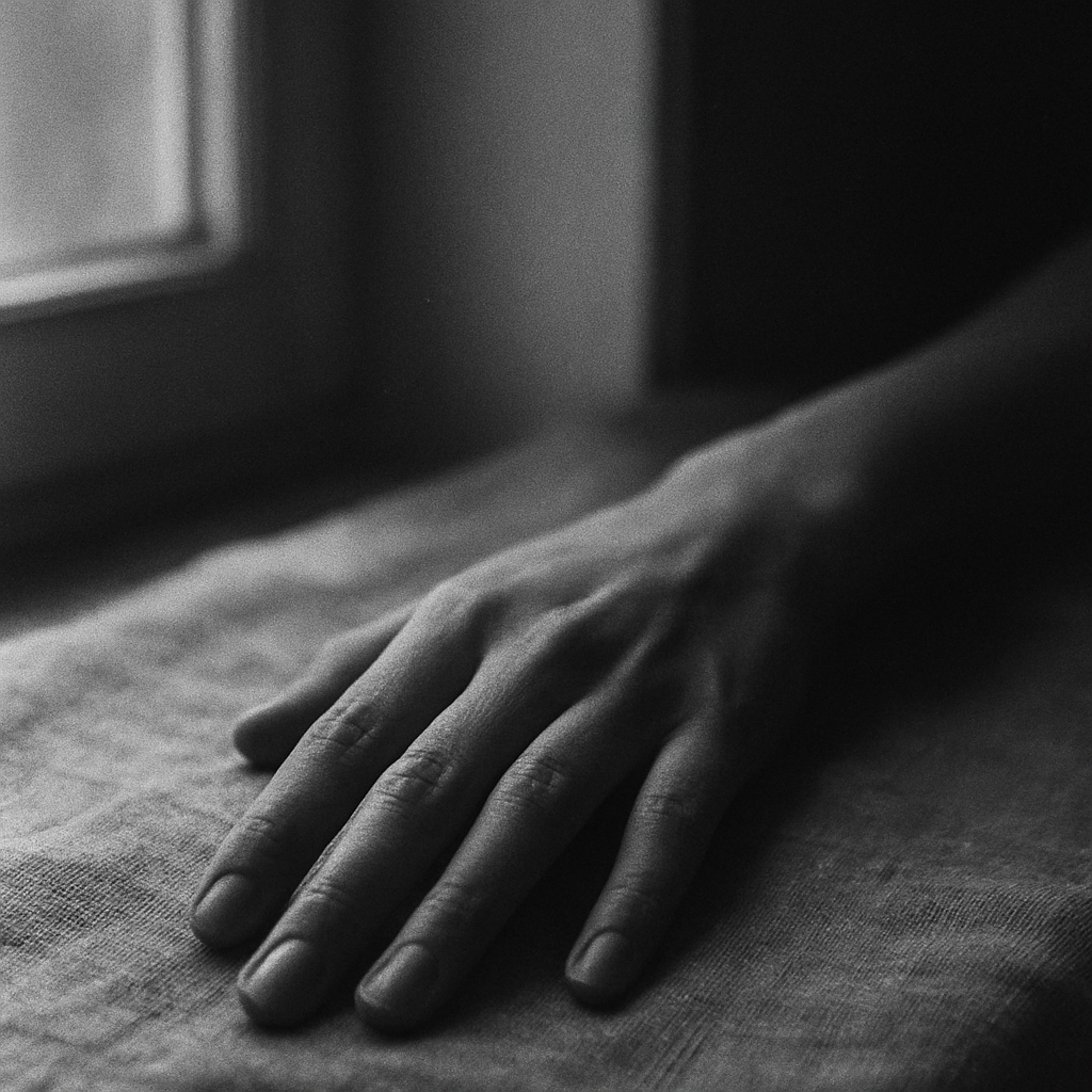 Black and white detail of a hand resting on fabric near a window