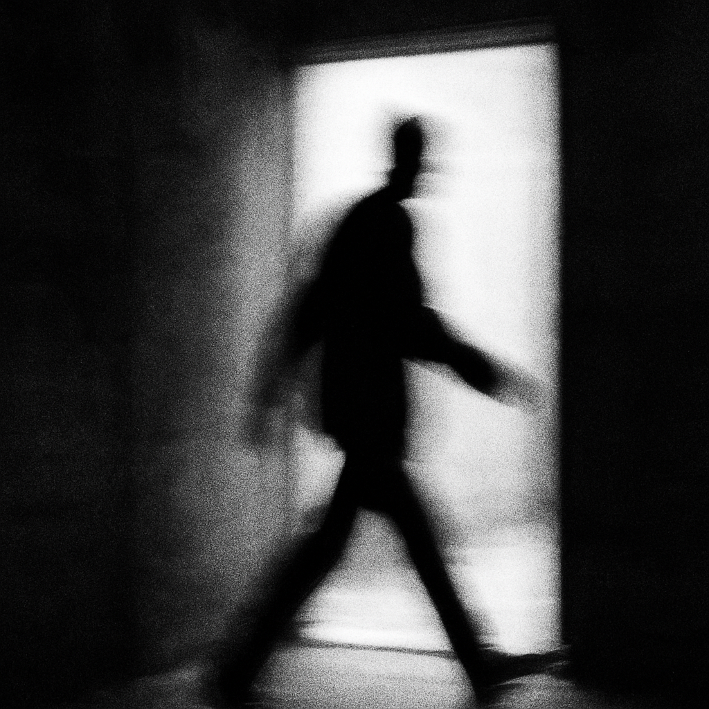Black and white photograph of a figure in motion through a doorway
