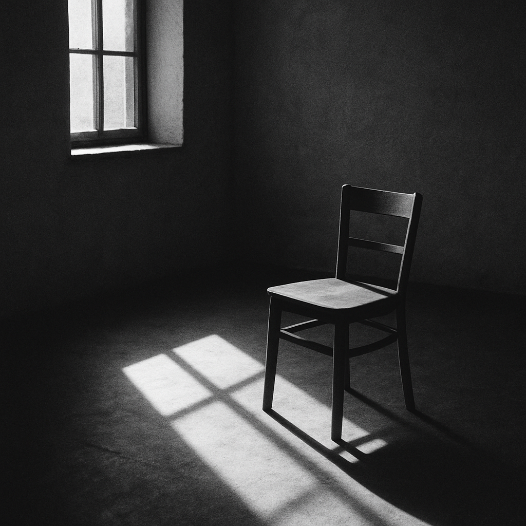Black and white photograph of an empty room with window light