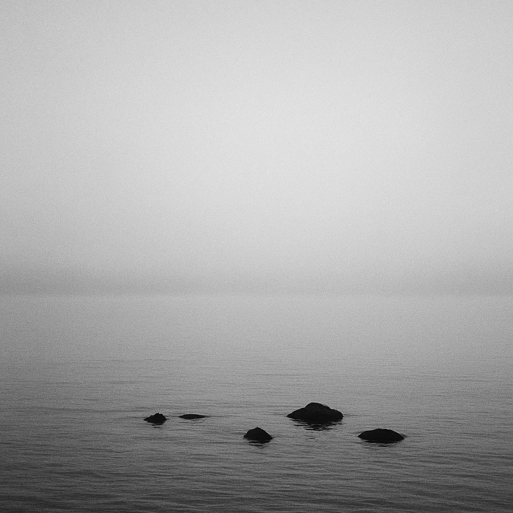 Black and white minimalist photograph of a calm sea horizon