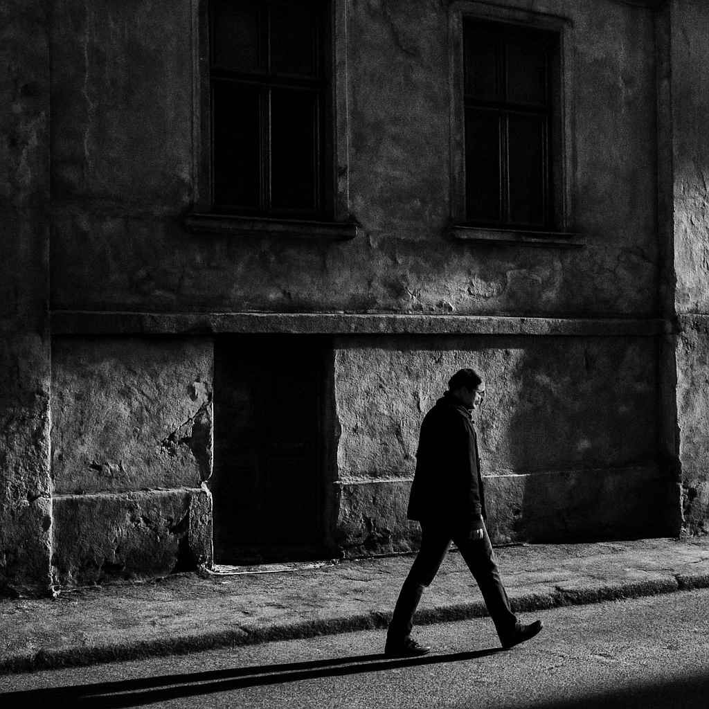 Black and white street scene with a lone figure and long shadows