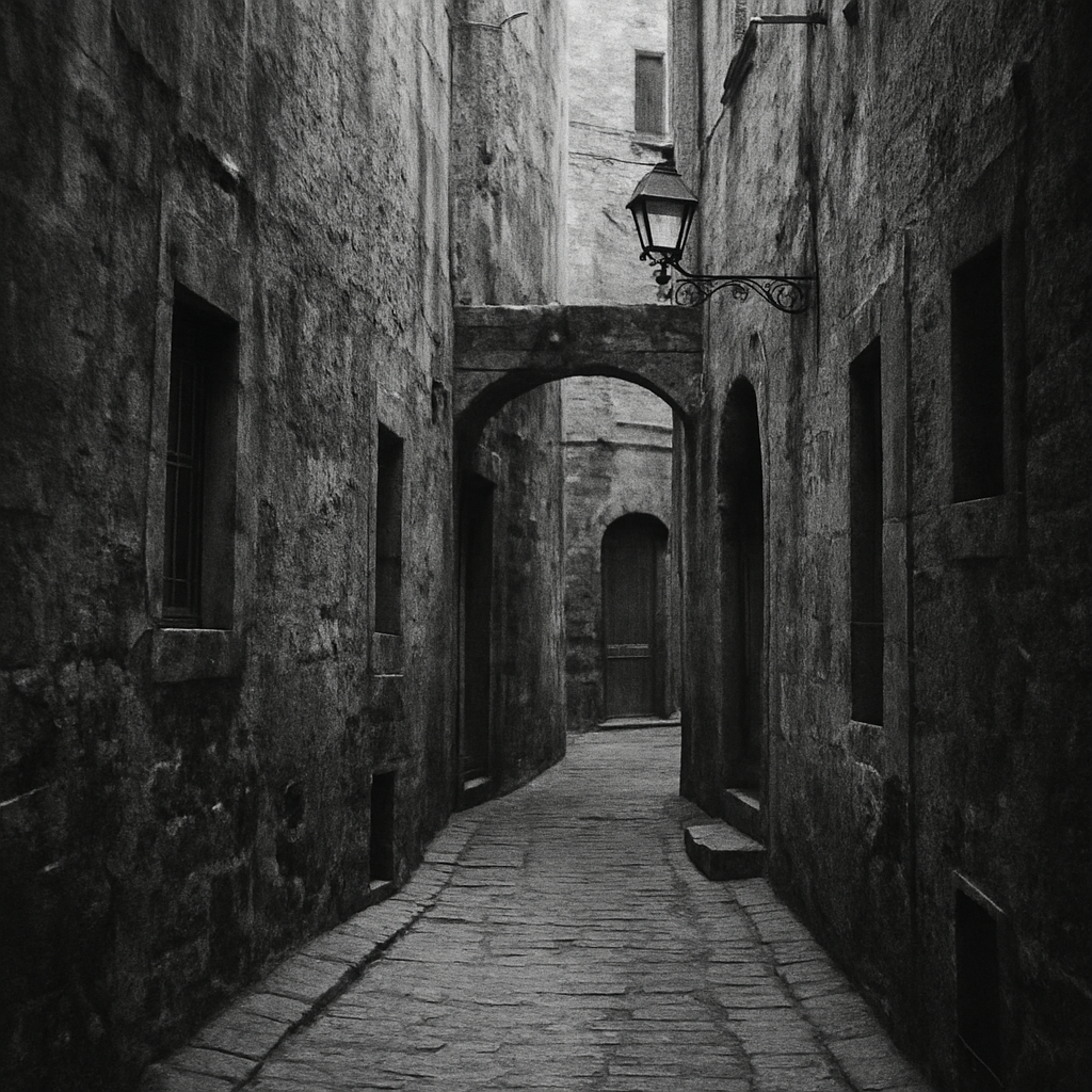 Black and white travel photograph of a quiet narrow alley