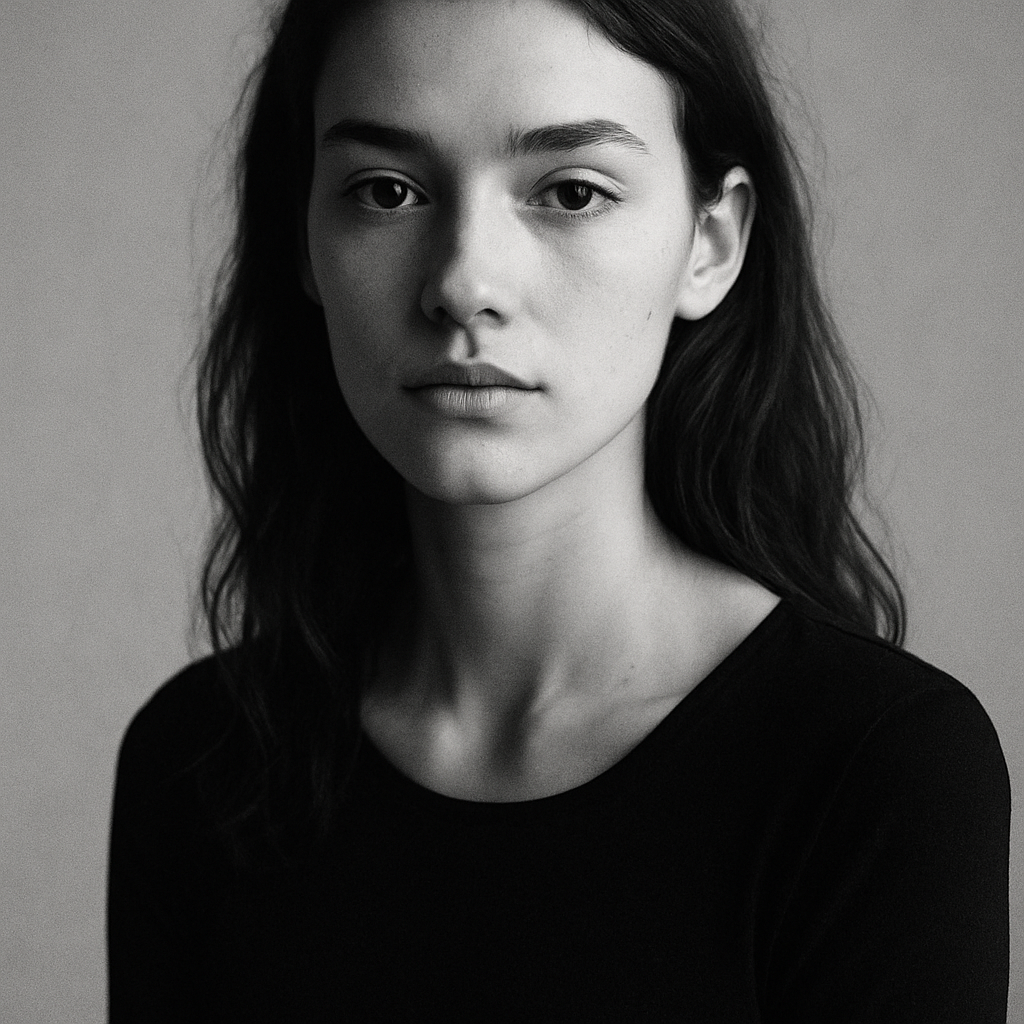Black and white portrait of a young woman in soft daylight