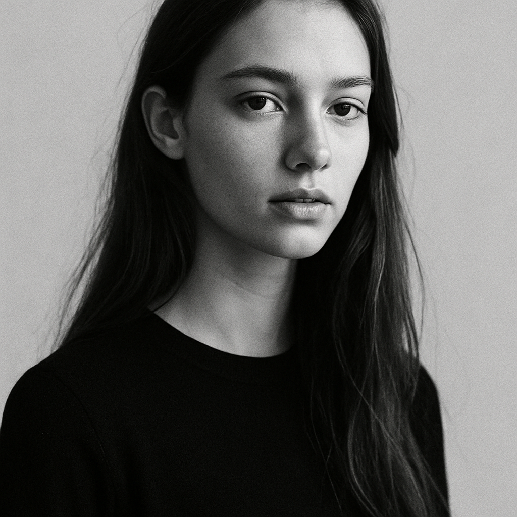 Black and white portrait of a young woman with long hair
