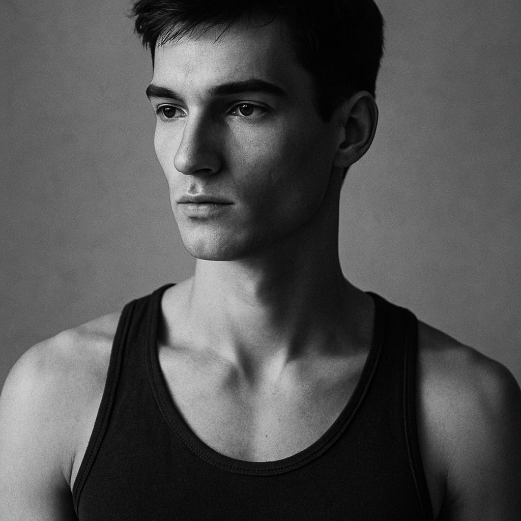 Black and white portrait of a young man in side daylight