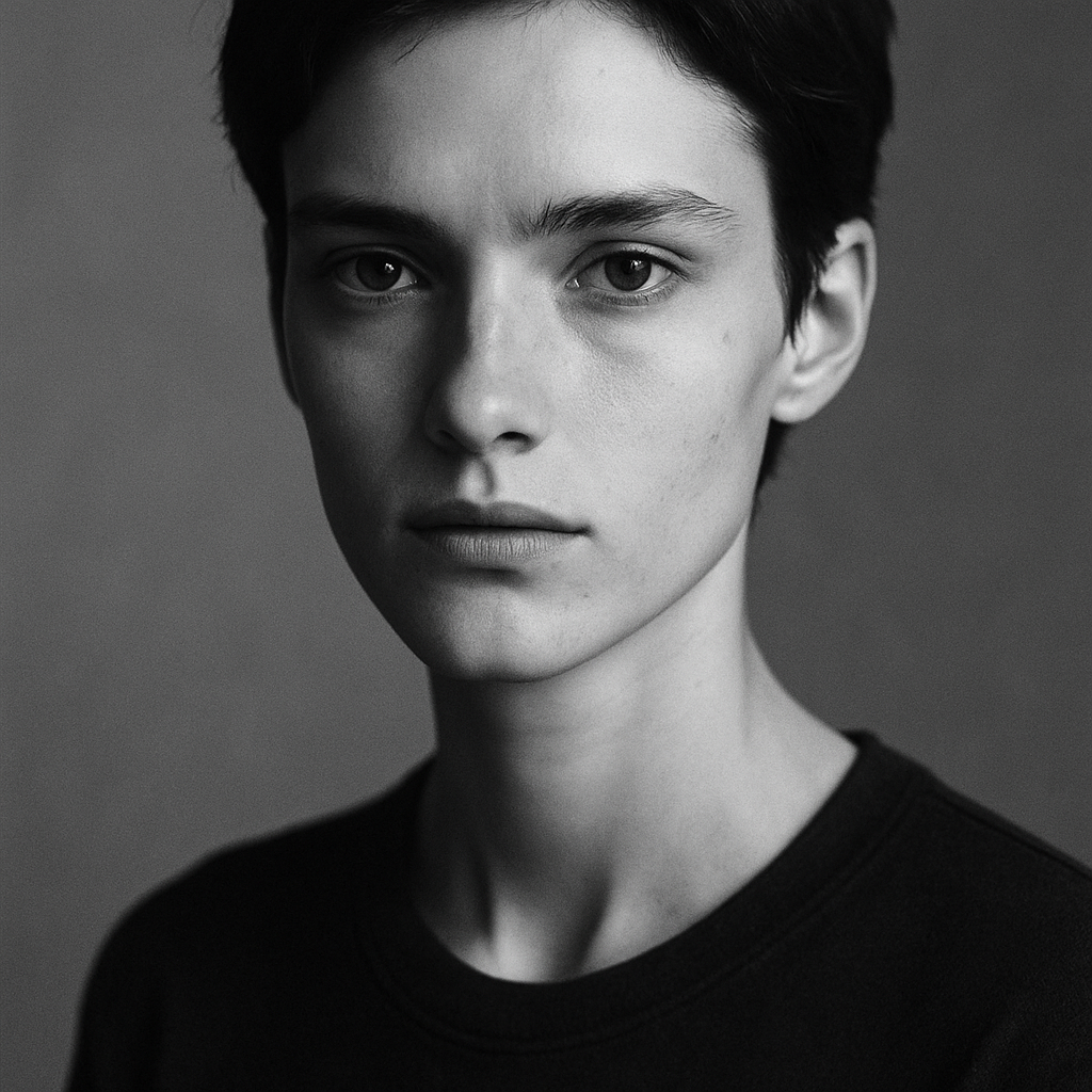 Black and white portrait with strong cheekbones and a direct gaze