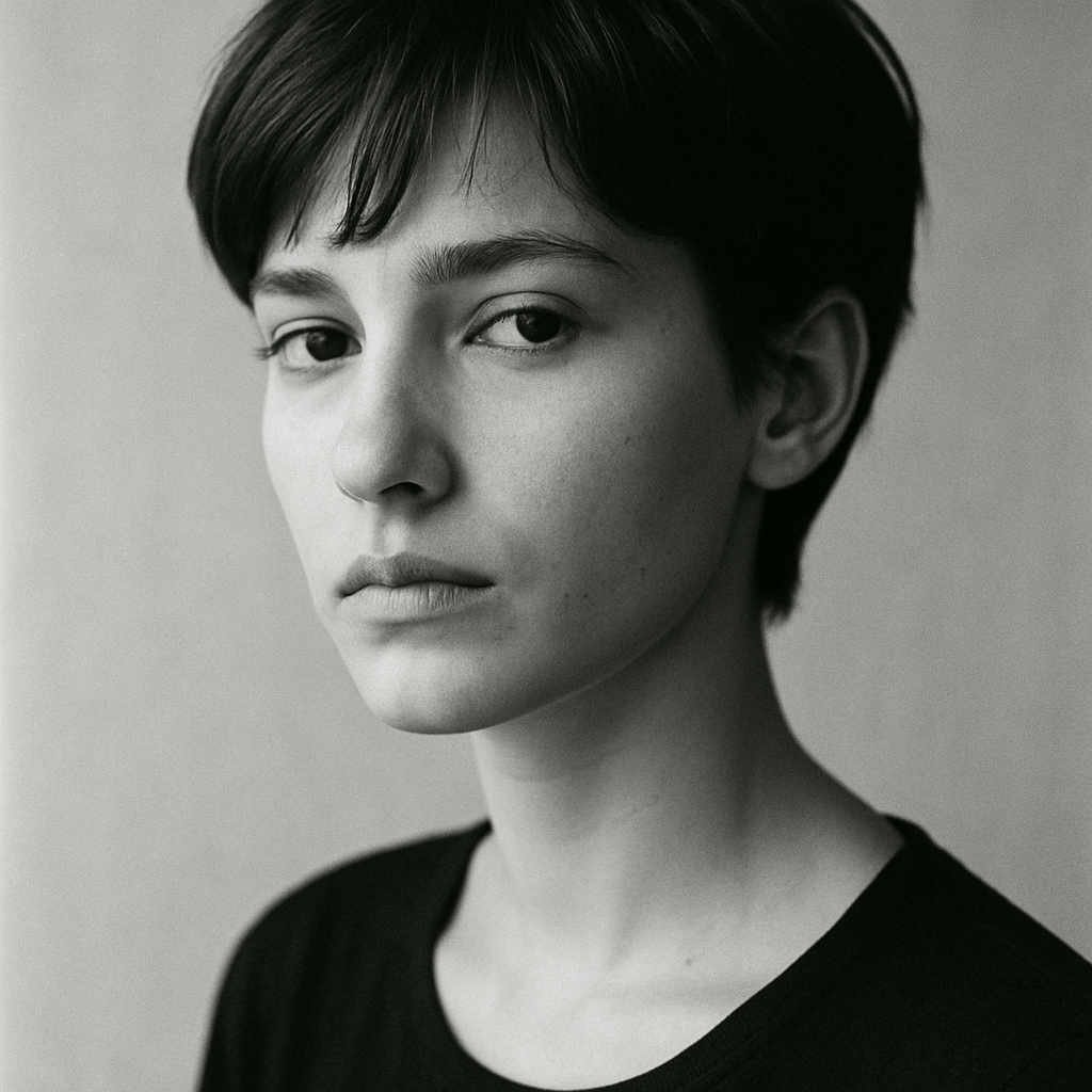 Black and white portrait of a young woman with short dark hair