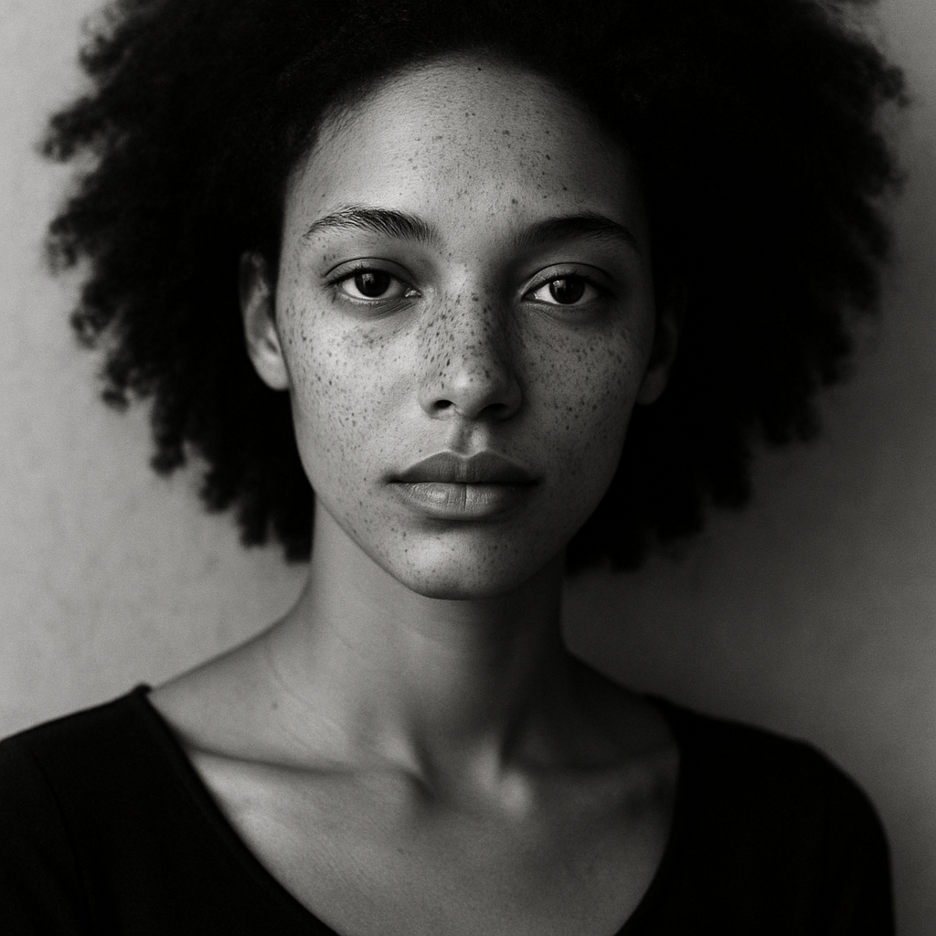Black and white close-up portrait of a young woman with freckles